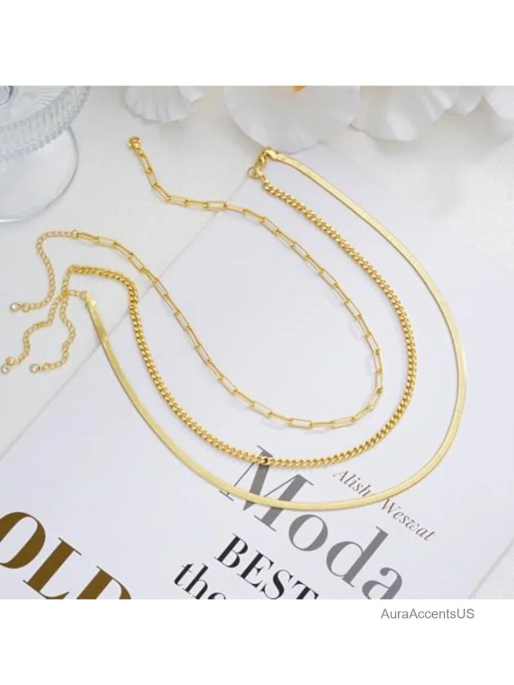 Gold Layered Necklaces for Women 14K Gold Plated Dainty Chain Set Herringbone